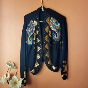 Cristina Sweater Size M Black Cardigan Sequins Sequined Bling Beads Beaded